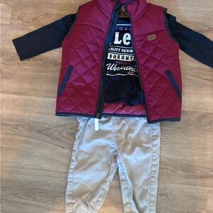 Lee Burgundy Quilted Vest with Navy Tee and Beige Pants